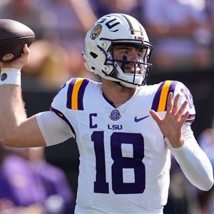 LSU quarterback Garrett Nussmeier looks to throw a pass during the first half Saturday against Vanderbilt in Nashville, Tenn.