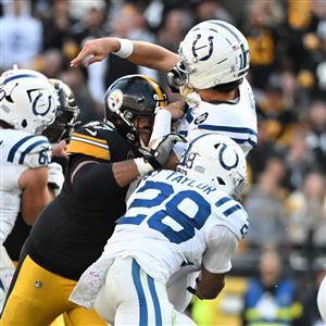 Steelers defensive lineman Cam Heyward (97) pressures  Colts quarterback Daniel Jones (17) game at Acrisure Stadium on Sunday Nov. 2, 2025.   