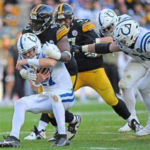 Pittsburgh Steelers Keeanu Benton sacks Indianapolis Colts Daniel Jones during a football game at Acrisure Stadium on Sunday, Nov. 2, 2025. 