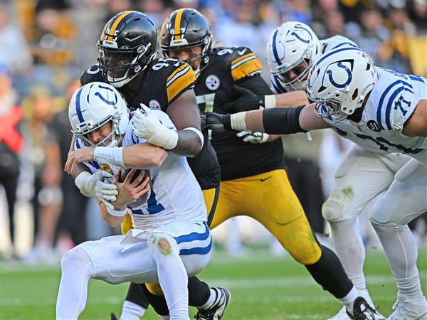 Pittsburgh Steelers Keeanu Benton sacks Indianapolis Colts Daniel Jones during a football game at Acrisure Stadium on Sunday, Nov. 2, 2025. 