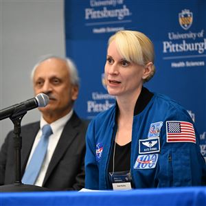 Retired NASA astronaut  Kate Rubins, director of the newly formed Trivedi Institute for Space and Global Biomedicine, speaks during a press conference at University of Pittsburgh in Oakland on Thursday, Jan. 29, 2026, part of the launch of the university’s $25 million Trivedi Institute for Space and Global Biomedicine Thursday.  