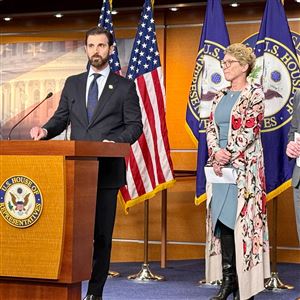 U.S. Rep. Jason Crow, D-Colorado, speaks alongside Reps. Chris Deluzio, D-Fox Chapel, and others who learned Tuesday that federal prosecutors had tried and failed to indict them over statements asking the military to “refuse illegal orders.”