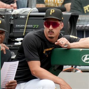 The Pirates' Konnor Griffin watches during the sixth inning of a baseball game against the Mariners, Thursday, June 25, 2026, at PNC Park, in Pittsburgh.