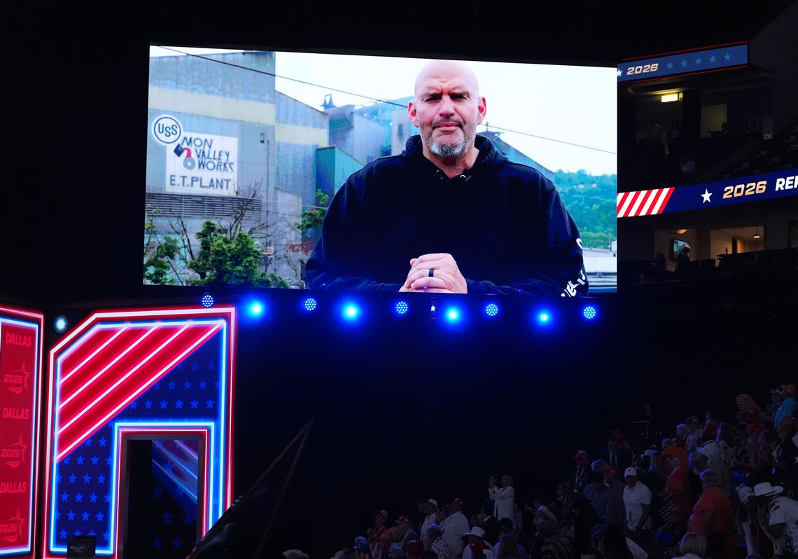 Sen. John Fetterman speaks via video at GOP midterm convention